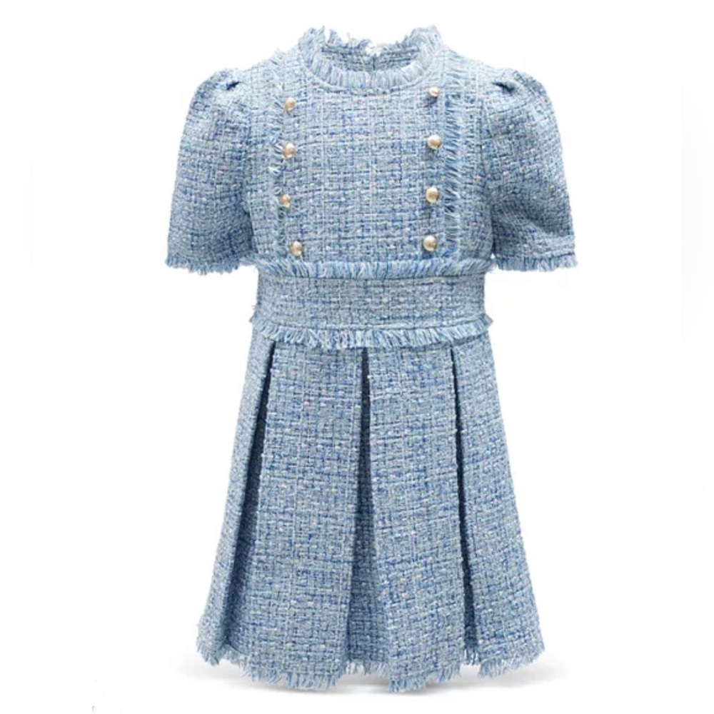 Bardot Sky Blue Tweed Pearl-Button Pleated Dress